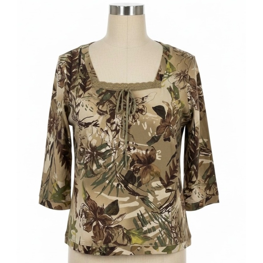 Caribbean Joe Womens Floral Tropical Square Neck Top Brown XL
